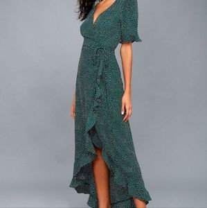 LULU'S mystified forest green polka dot high-low wrap dress, size small